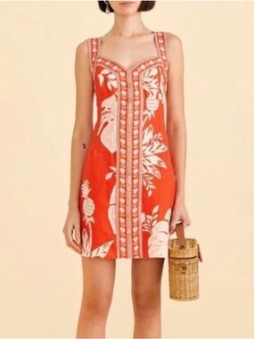 FARM Rio NWOT Lace Linen Mini Dress - Orange Monsteras